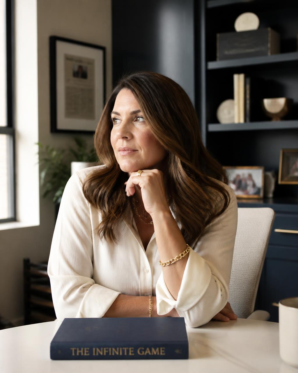 Krista Rooney in a thoughtful office setting, looking out a window